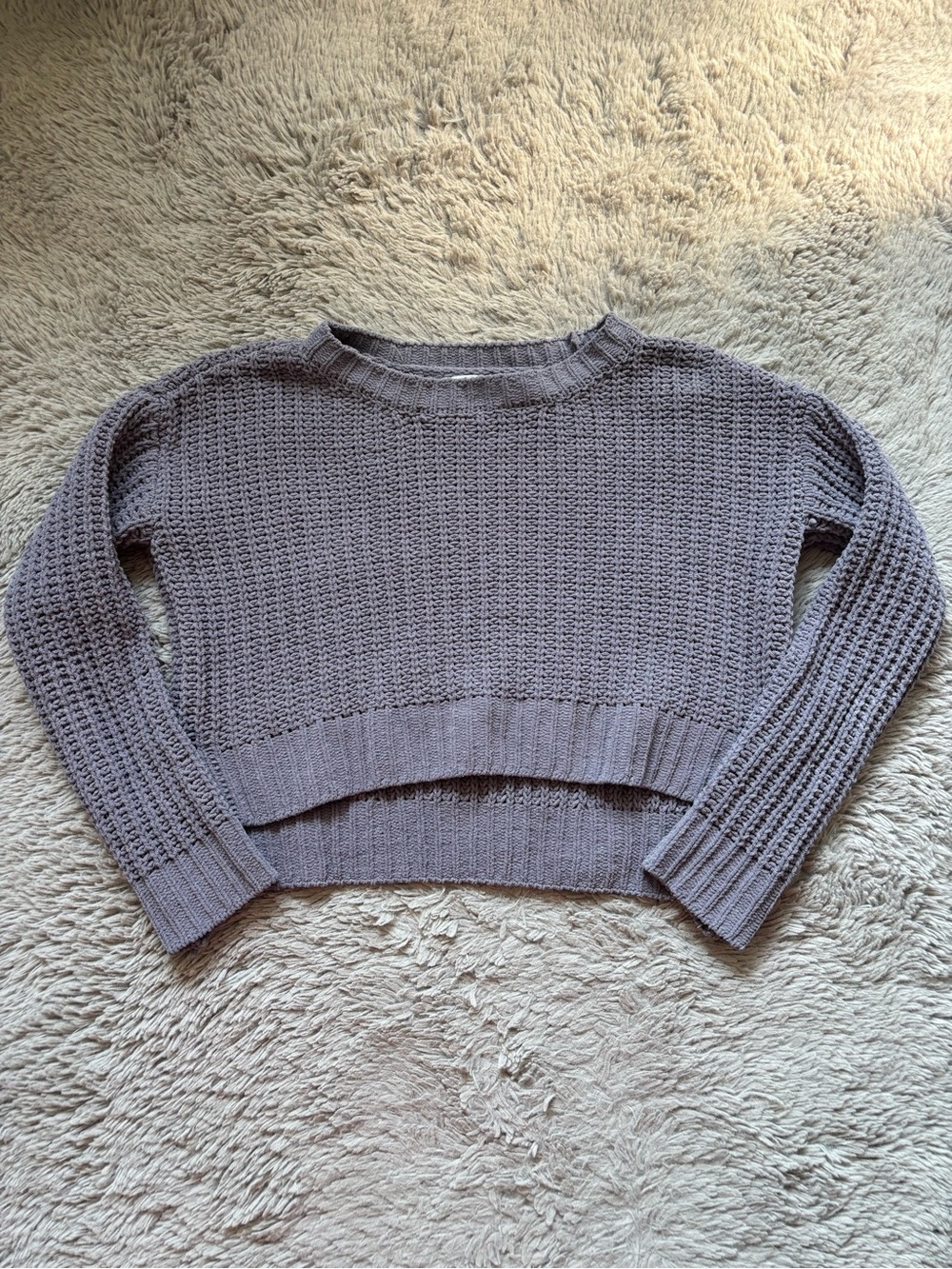 Candie's Cropped Crochet Knit Crewneck Sweater in Gray Grey Small